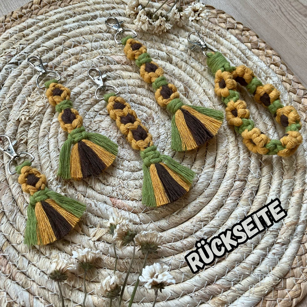 Makramee Blumen Schlüsselanhänger Gelb & Grün, Gast- und Muttertagsgeschenk, Boho Stil, Handgemacht, Taschenanhänger