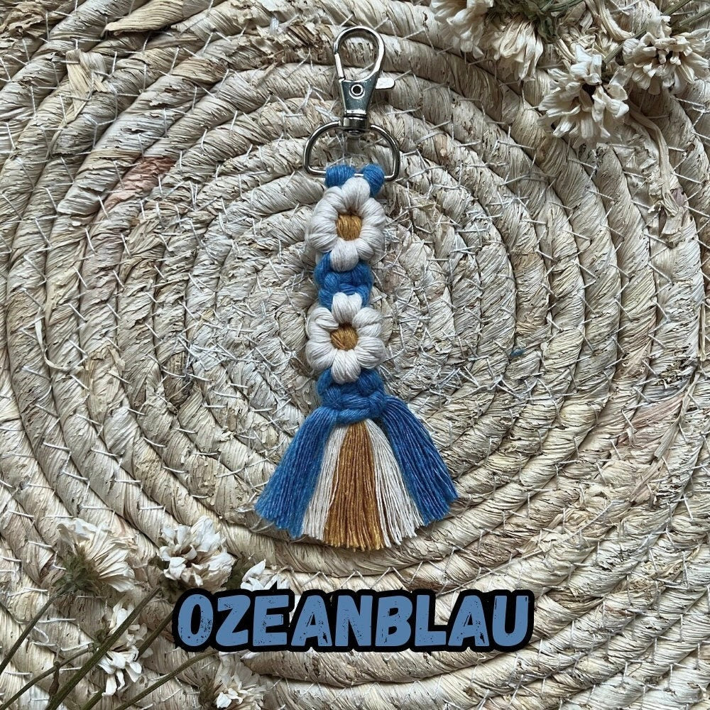 Makramee Blumen Schlüsselanhänger Blau, Gast- & Muttertagsgeschenk, Boho Stil, Handgemacht, Taschenanhänger