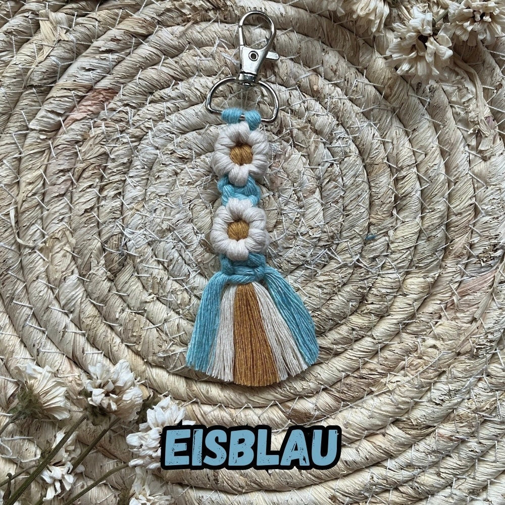 Makramee Blumen Schlüsselanhänger Blau, Gast- & Muttertagsgeschenk, Boho Stil, Handgemacht, Taschenanhänger