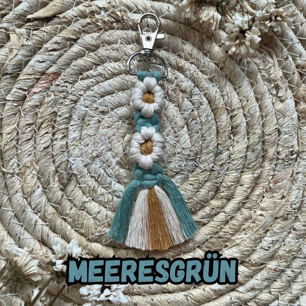 Makramee Blumen Schlüsselanhänger Blau, Gast- & Muttertagsgeschenk, Boho Stil, Handgemacht, Taschenanhänger