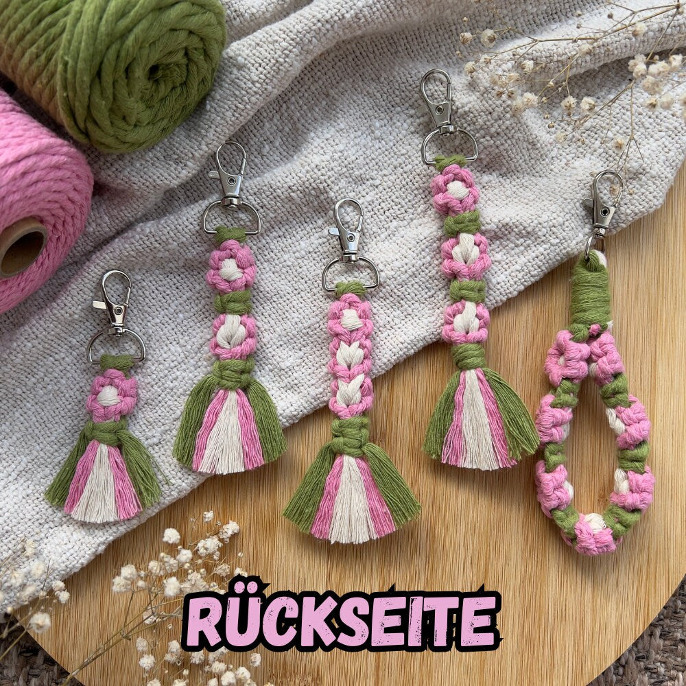 Makramee Blumen Schlüsselanhänger Rosa & Grün, Gast- und Muttertagsgeschenk, Boho Stil, Handgemacht, Taschenanhänger
