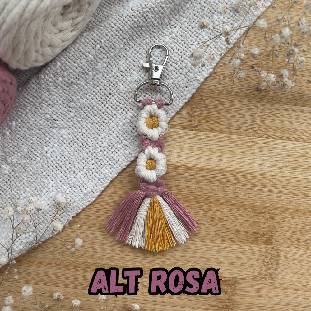 Makramee Blumen Schlüsselanhänger Rosa, Gast- & Muttertagsgeschenk, Boho Stil, Handgemacht, Taschenanhänger