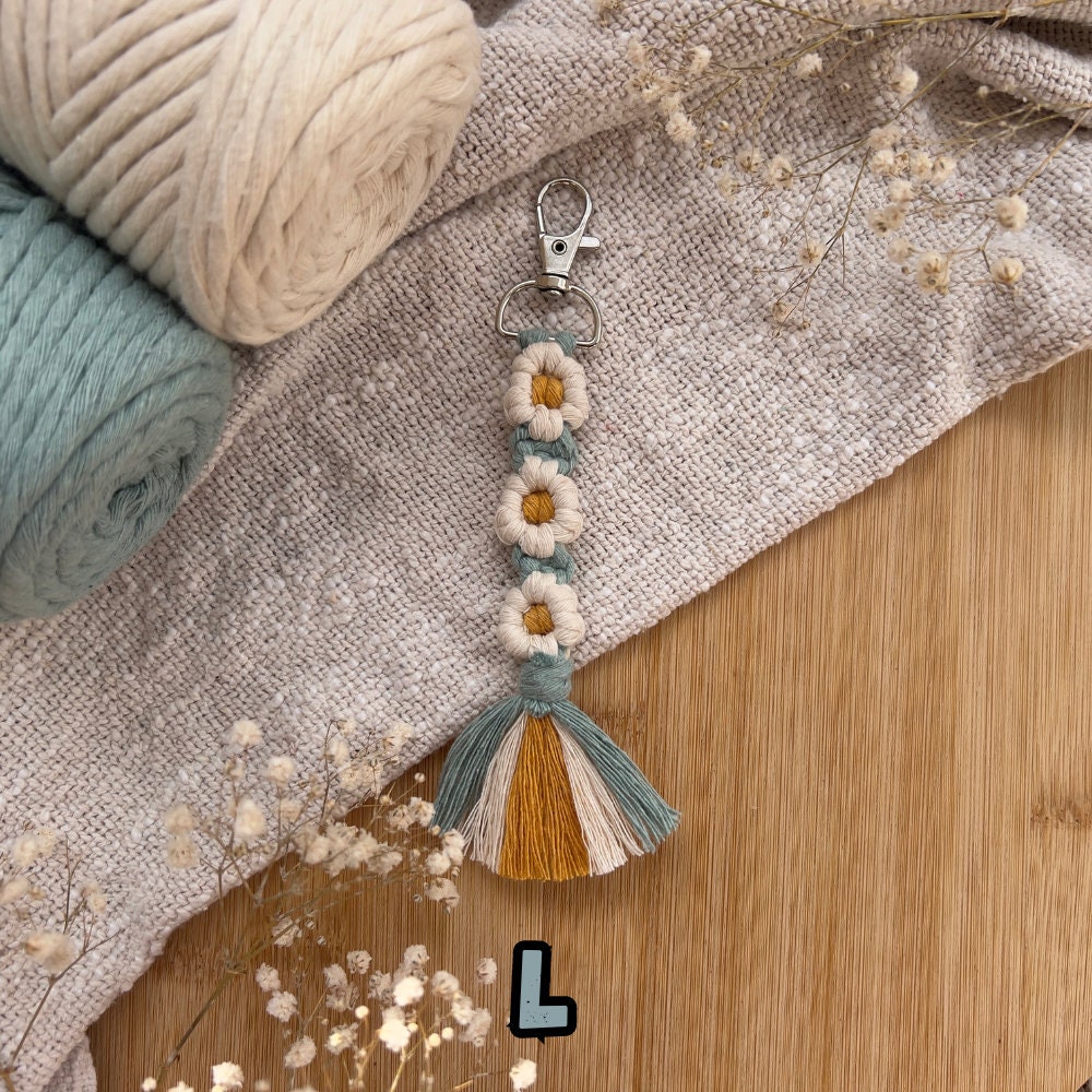 Makramee Blumen Schlüsselanhänger Blau, Gast- & Muttertagsgeschenk, Boho Stil, Handgemacht, Schlüsselbund Deko